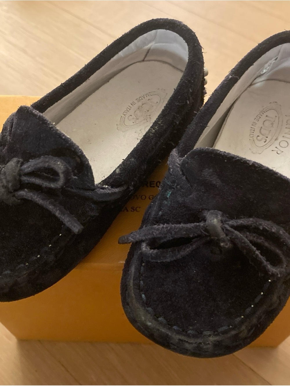 Tod's Kids Dark Navy Suede Moccasins with Bow
